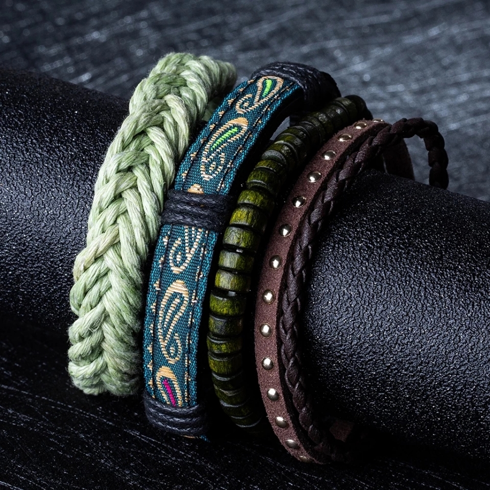 Men's Green Paisley Print Bracelet Set - Picture 2 of 3